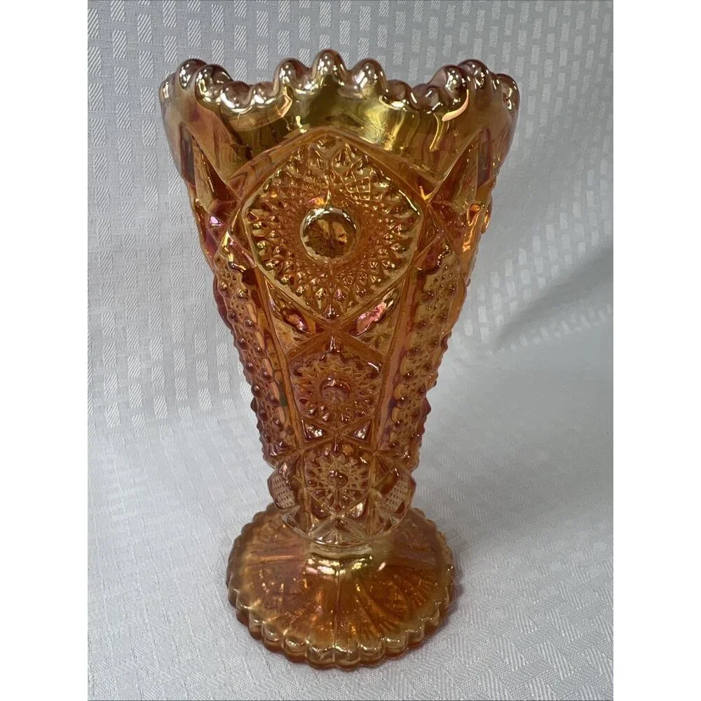 Vintage Imperial Carnival Glass  Vase Hobstar Marigold Iridescent Halloween Fall